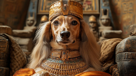 Portrait of a dog in a turban on a background of ancient hieroglyphsの素材