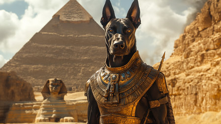 Statue of a dog with the image of the ancient Egyptian pyramids.の素材