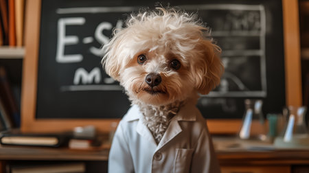 Portrait of a poodle dog in a lab coat on the background of a blackboardの素材