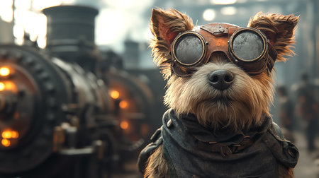 Yorkshire Terrier in a pilot's helmet on a background of steam locomotiveの素材