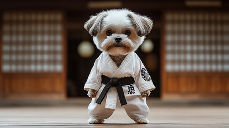 Shih tzu dog in kimono and black belt on wooden floorの素材