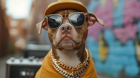 Portrait of a pitbull dog wearing sunglasses and a cap.の素材
