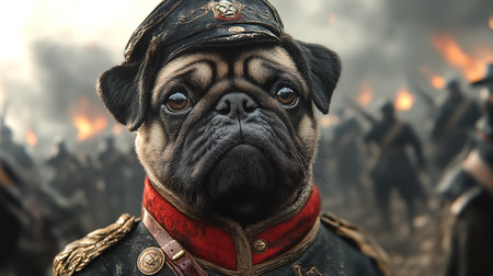 Portrait of a pug dog in a military uniform in the fire.の素材