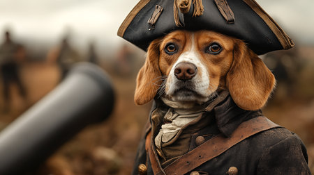 Portrait of a dog in a pirate costume on the hunt.の素材
