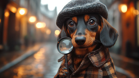 Dachshund dog with a magnifying glass on the streetの素材