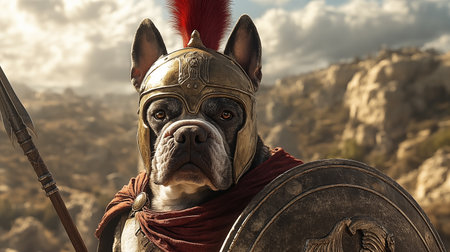 Ancient warrior with a bulldog on the background of the mountains.の素材