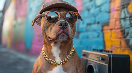 American Staffordshire Terrier dog wearing a hat and sunglasses on a graffiti backgroundの素材