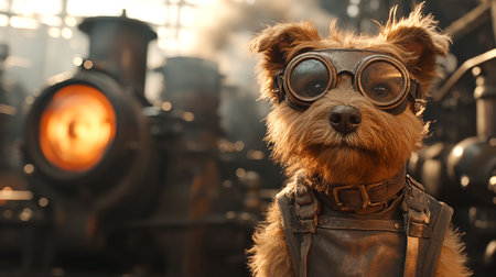Cute dog in aviator hat and goggles on steampunk backgroundの素材