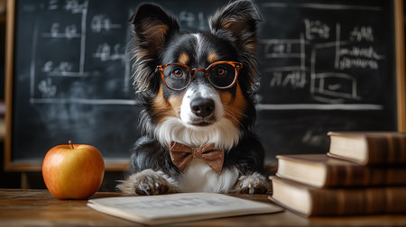 Portrait of a cute Australian shepherd dog wearing glasses and a bow tie sitting on a stack of books in front of a blackboardの素材