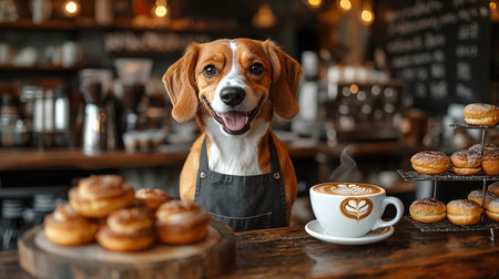 Coffee break. Beagle dog in apron with coffee cup and donuts in cafeの素材