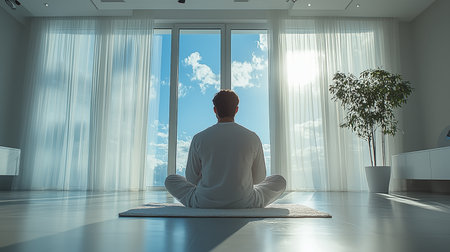 Man meditating in yoga lotus pose in room with big windowの素材