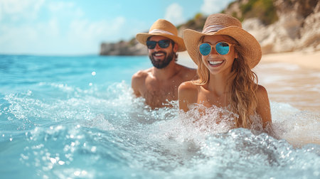 Happy couple in hat and sunglasses having fun in sea water on tropical beachの素材