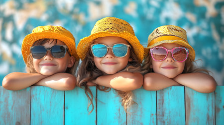 Portrait of cute little girls in hats and sunglasses on color backgroundの素材