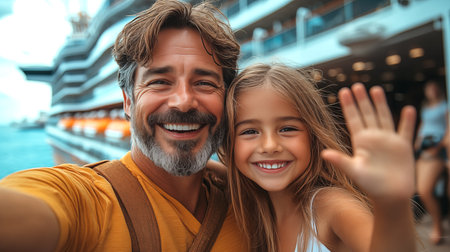 Happy father and daughter taking selfie in front of cruise ship. travel conceptの素材