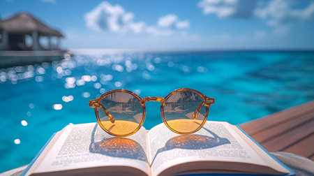 Sunglasses and book on the beach with sea view background.の素材