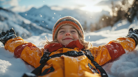 Happy child in warm clothes lying on snow in winter mountains. Kid having fun outdoors.の素材