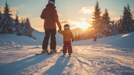 father and son skiing on snow in the mountains at sunset. winter sportsの素材