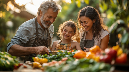 Portrait of a happy family preparing vegetable salad at the vegetable gardenの素材