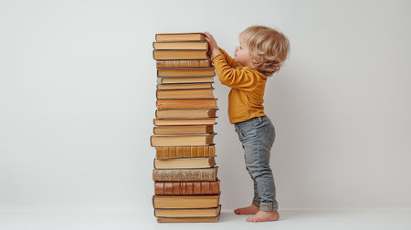 Cute little boy standing near a pile of books. Education conceptの素材
