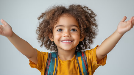 Cheerful african american kid with curly hair smiling and looking at cameraの素材