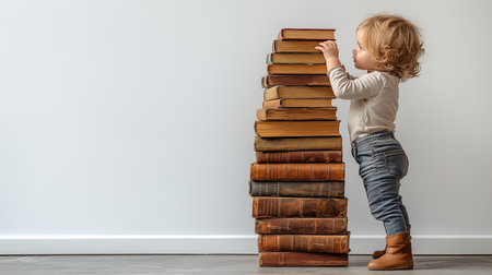 Little boy standing on a stack of books. Education and learning conceptの素材