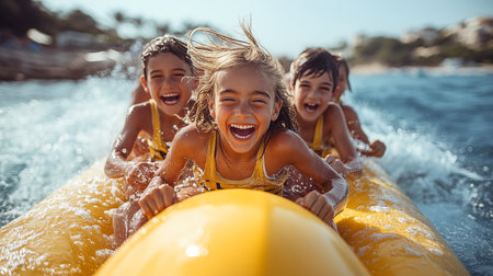 Group of happy kids having fun on an inflatable boat in the seaの素材