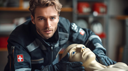 selective focus of paramedic holding mannequin with first aid kitの素材