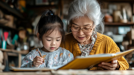 Asian grandmother and granddaughter are reading a book in a cozy atmosphere.の素材