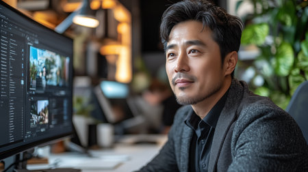 Portrait of young asian man working with computer in office.の素材