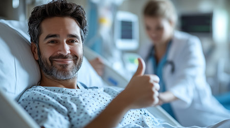 Portrait of smiling man lying in hospital bed and showing thumbs upの素材