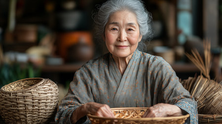 Portrait of an elderly asian woman in traditional clothes holding a basketの素材