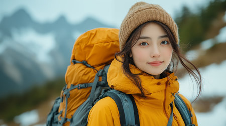 young asian woman backpacker enjoy the view on the mountain peakの素材