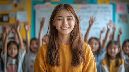 Happy asian schoolgirl raising hands and smiling at camera in classroomの素材
