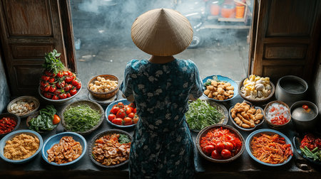 Vietnamese woman in traditional hat selling vegetable dishes in the street marketの素材
