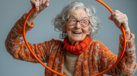 Cheerful senior woman in eyeglasses holding hula hoopの素材