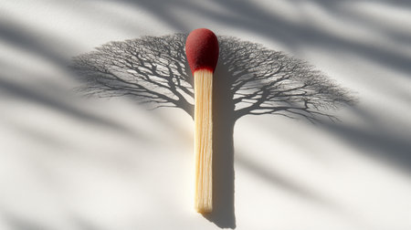 Wooden match with a red matchstick against the background of a treeの素材