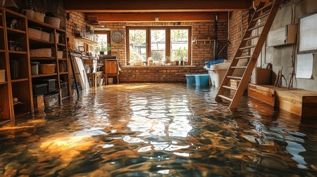 Interior of a hotel room with swimming pool and wooden floor.の素材