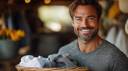 Cheerful man holding basket with dirty clothes and smiling at cameraの素材
