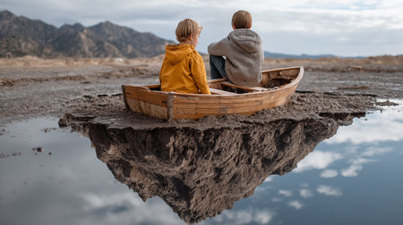 Young man sitting on the terrace of a wooden house and looking awayの素材