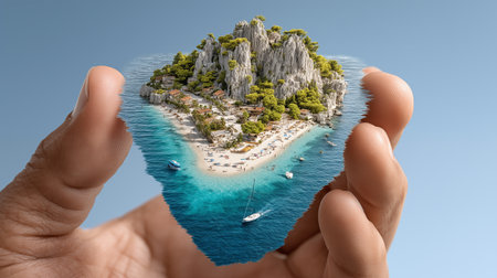 Aerial view of a small island in the form of a heart in the hands of a manの素材