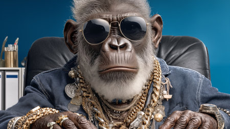 Fashionable gorilla with a gray beard in sunglasses and a denim jacket sits in an armchair on a blue backgroundの素材