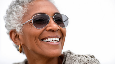 Close up portrait of a happy senior woman in sunglasses smiling against white backgroundの素材