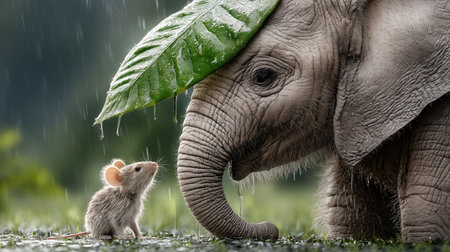 Elephant and mouse in the rain. Wildlife scene from nature.の素材