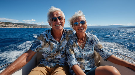Happy senior couple sailing on a yacht in the Adriatic Seaの素材