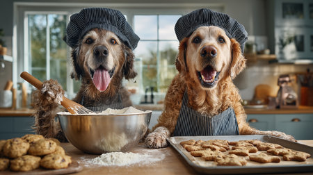 Couple of dogs having fun while preparing cookies in the kitchen at homeの素材