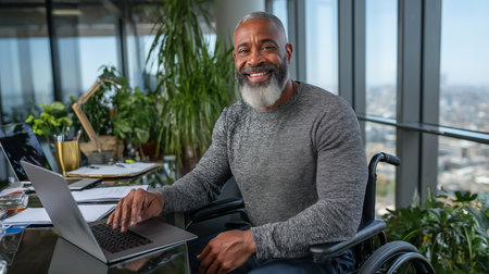 Portrait of happy senior businessman in wheelchair working on laptop in officeの素材