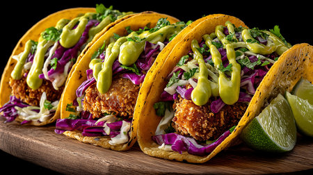 Tacos with meatballs and vegetables on a black background.の素材