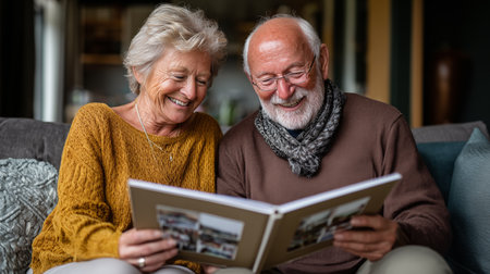 Senior couple reading a book together at home. They are sitting on a sofa and smiling.の素材