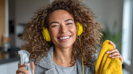 happy african american woman with headphones and bottle of water at homeの素材