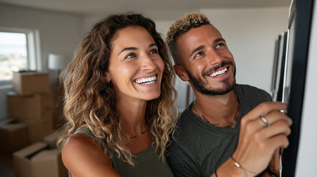 Portrait of happy young african american couple drinking coffee at homeの素材